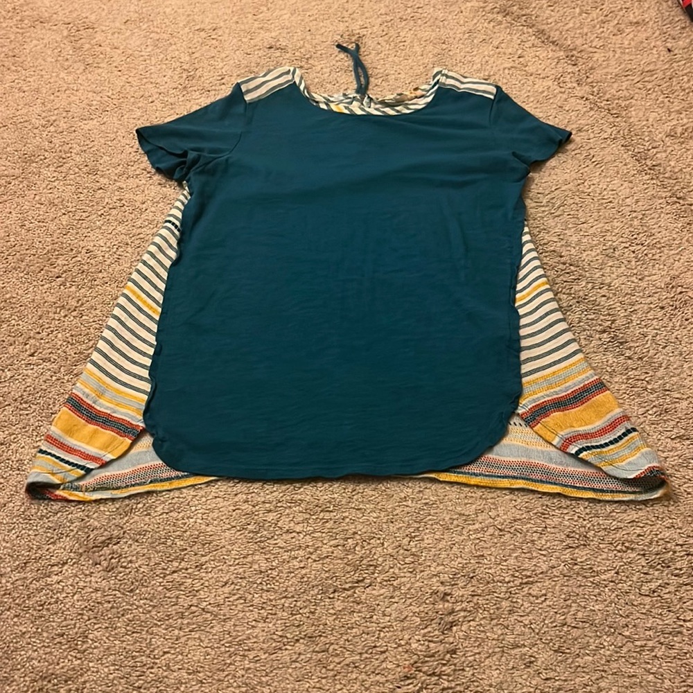 Soft‎ Surroundings Top Tee Shirt Teal Colorblock Tunic Stripe Back Zipper M
